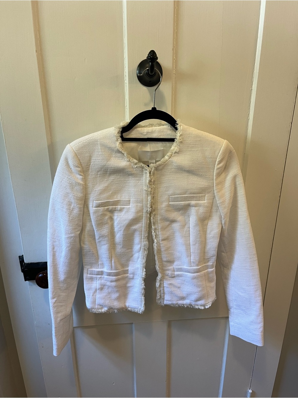 BOSS Hugo Boss Komina Tweed Fringe Collarless Jacket in white size 2